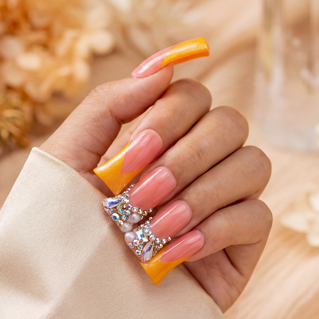 Sunset Blossom – Pink & Gold Long Duck Press-Ons with Crystal & Floral Accents