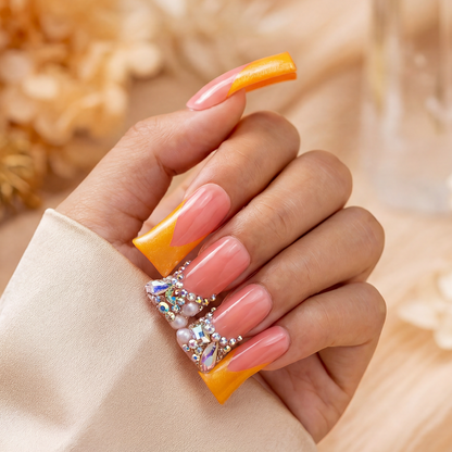 Sunset Blossom – Pink & Gold Long Duck Press-Ons with Crystal & Floral Accents
