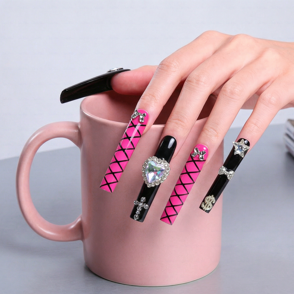 Baddie Glitz – Hot Pink & Black Long Square Press-Ons with Heart Gem & Cross Charms