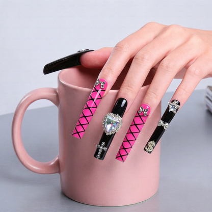 Baddie Glitz – Hot Pink & Black Long Square Press-Ons with Heart Gem & Cross Charms