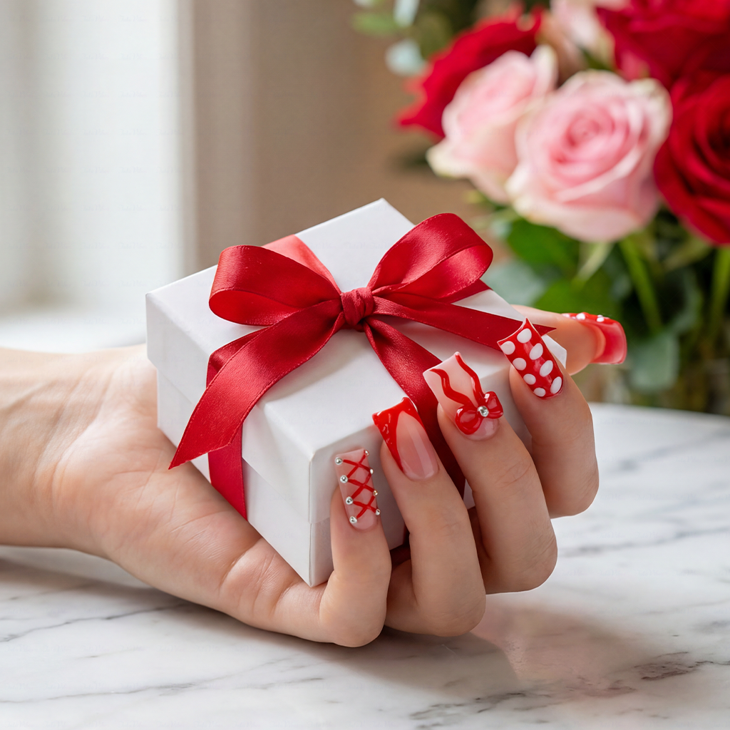 Crimson Bow – Nude & Red Short Duck Press-Ons with 3D Bow & Lace Accents