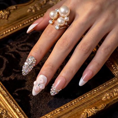 Bridal Blush – Nude Pink Short Almond Press-Ons with French Tips & Full Rhinestone Accents