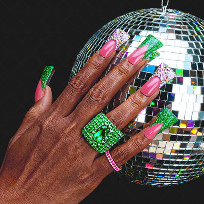 Emerald V French-Nude & Green Long Duck Press-Ons with V-Tip & Iridescent Rhinestone Accents