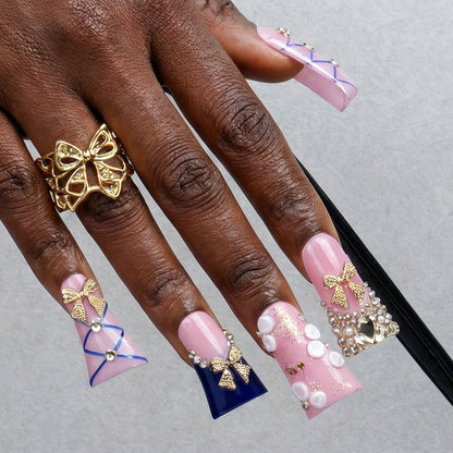 Gold Bow Lolita – Pink & Navy Blue Long Duck Press-Ons with Gold Bow & Rhinestone Accents