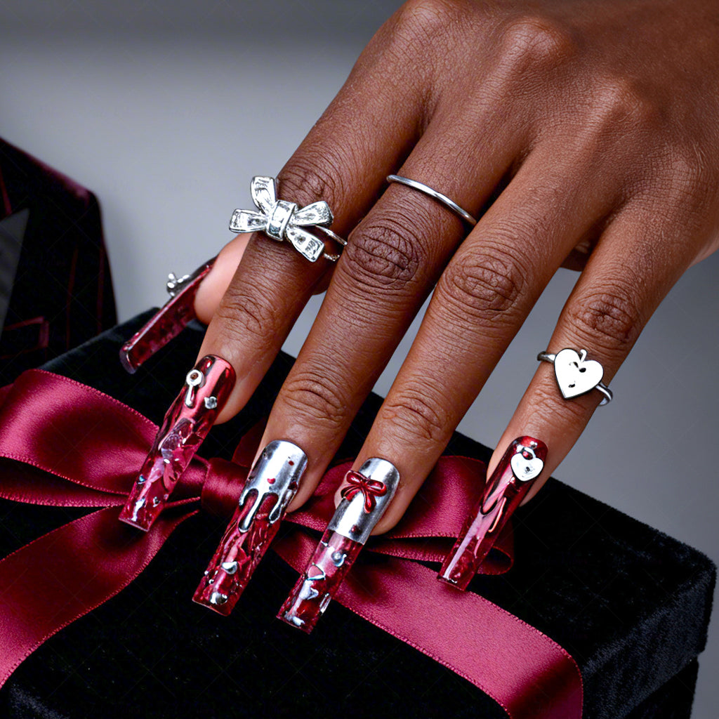 Lava Heart  Red & Silver Long Square Water Press-Ons with Metal Lava & Lock & Key Charms
