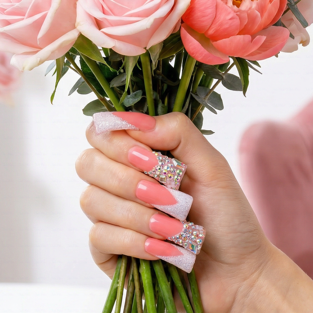 Peach Glitz – Coral & Silver Glitter Long Duck Press-Ons with Crystal Clusters
