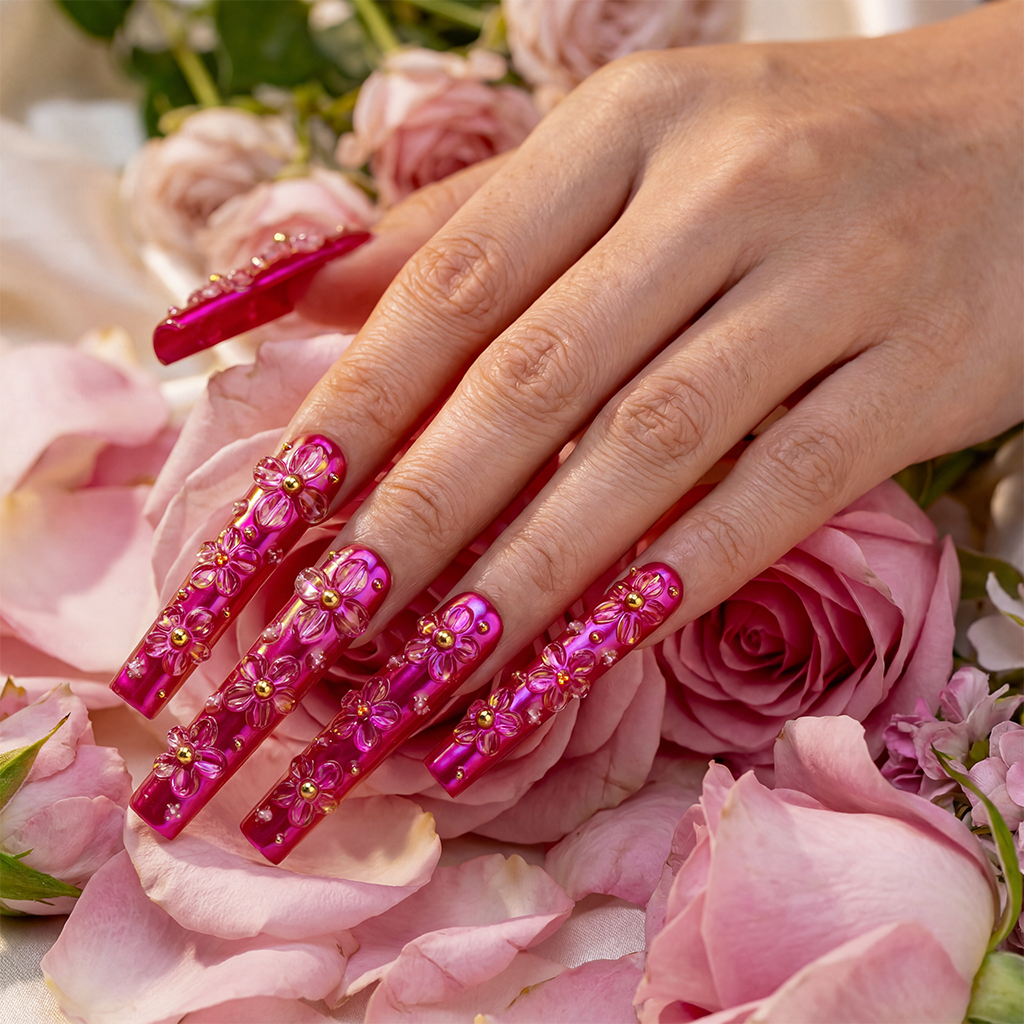 Bloom Aurora – Iridescent Purple Long Square Press-Ons with 3D Floral Charms