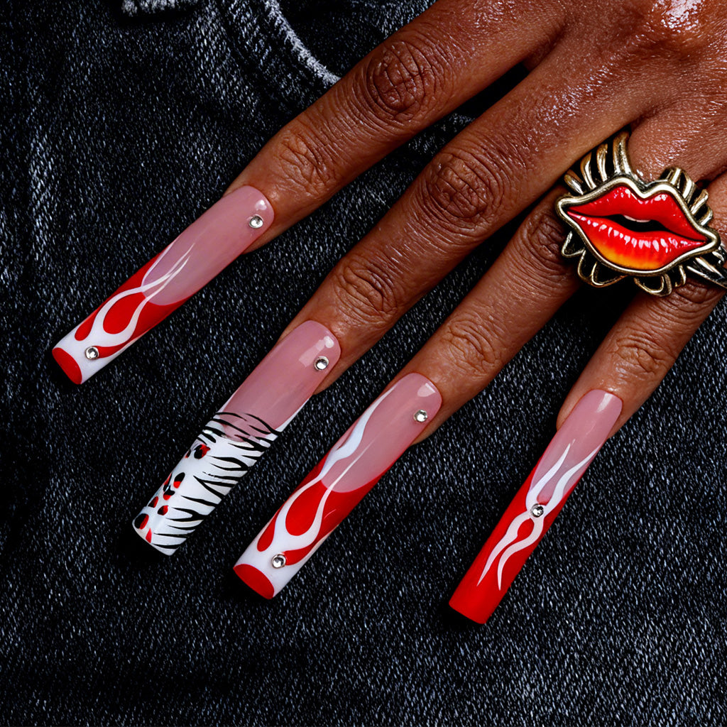 Flame Lip  Red & Nude Long Square Press-Ons with 3D Lip & Flame Accents