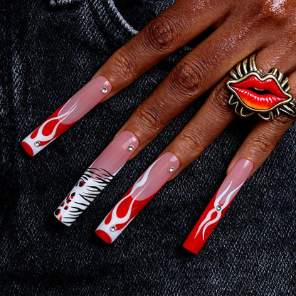 Flame Lip  Red & Nude Long Square Press-Ons with 3D Lip & Flame Accents