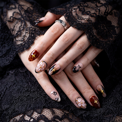 Tortoiseshell Cherry – Nude Brown Short Almond Press-Ons with Tortoiseshell & 3D Floral Accents