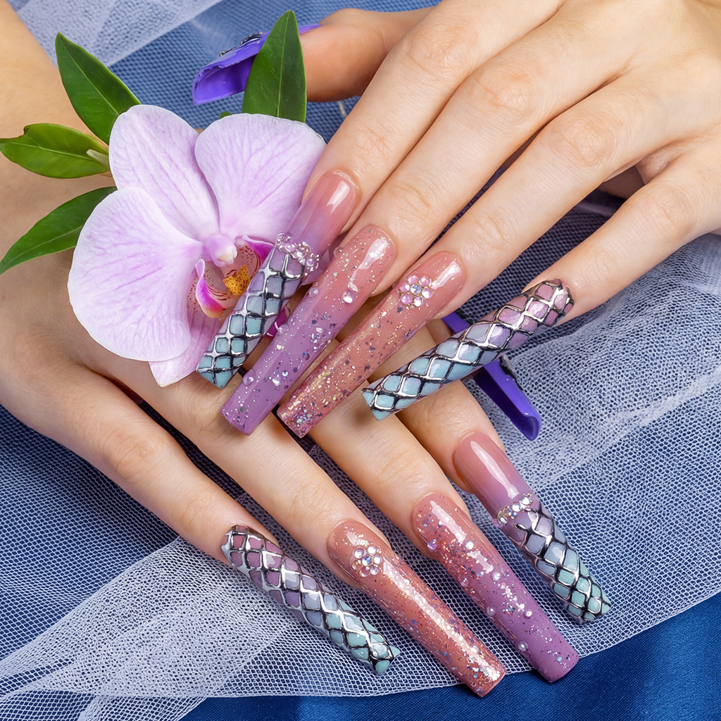 Mystic Gradient – Multi-Tone Long Square Press-Ons with Chrome & Glitter Accents