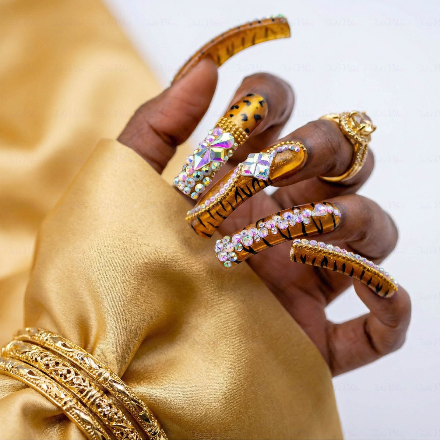 Tiger Glitz-Caramel Brown Long Downward Curved Press-Ons with Tiger Print & Rhinestone Accents