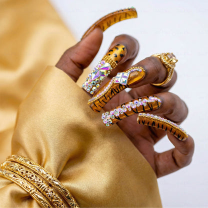 Tiger Glitz-Caramel Brown Long Downward Curved Press-Ons with Tiger Print & Rhinestone Accents