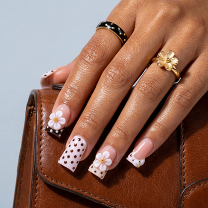 Polka Dot Bloom-Pink & Brown Short Duck Press-Ons with 3D Floral & French Tip Accents
