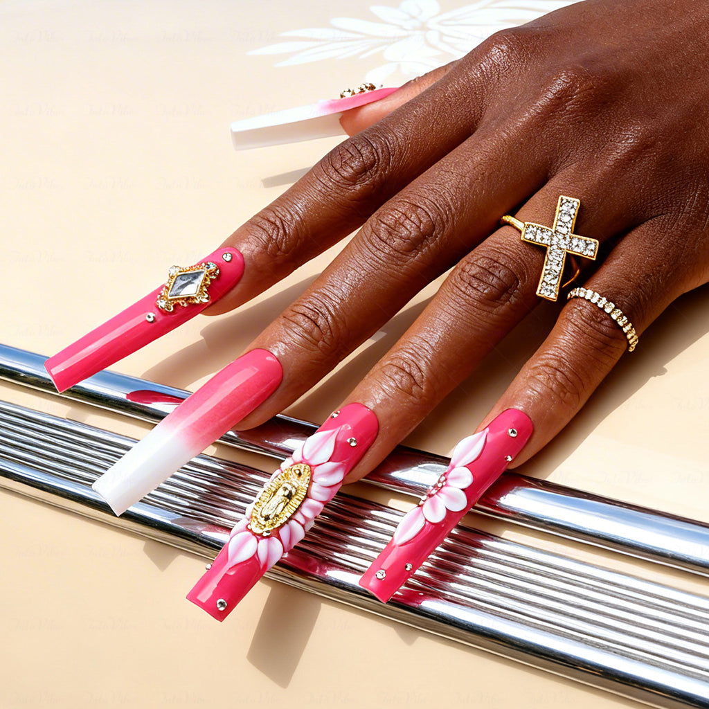 Sacred Floral  Red & White Long Square Press-Ons with Gold Virgin Mary & Flower Charms