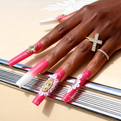 Sacred Floral  Red & White Long Square Press-Ons with Gold Virgin Mary & Flower Charms