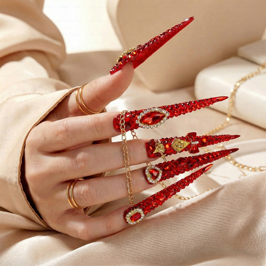 Ruby Royale – Crimson Red Long Stiletto Press-Ons with Rhinestone Halo, Heart Gem & Gold Bow Charms