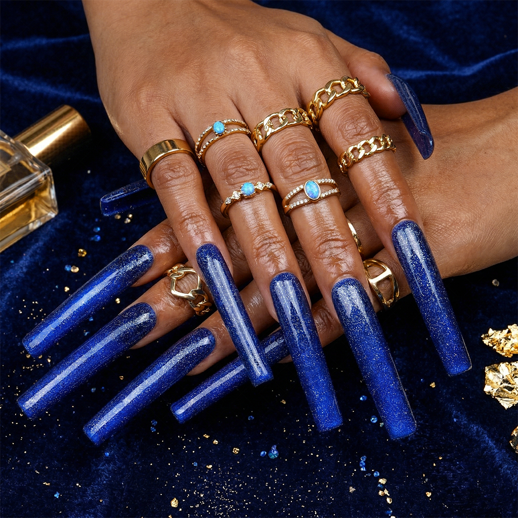 Midnight Galaxy – Deep Blue & Silver Glitter Long Square Press-Ons