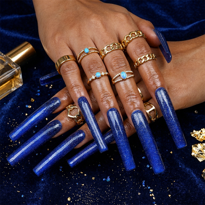 Midnight Galaxy – Deep Blue & Silver Glitter Long Square Press-Ons