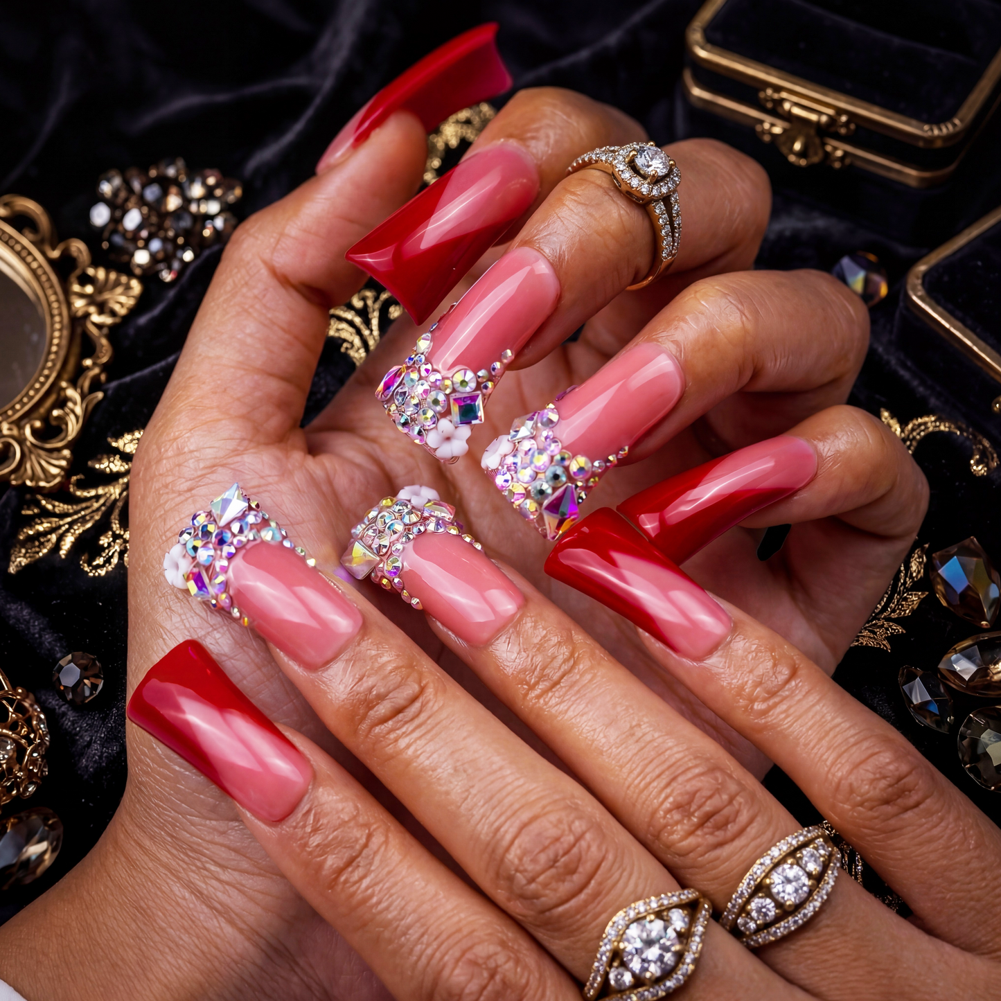 Ruby V French  Nude & Red Long Duck Press-Ons with Iridescent Rhinestone Accents