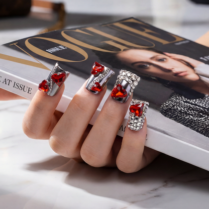 Ruby Chrome – Metallic Silver Short Duck Press-Ons with Red Crystal & Heart Charms