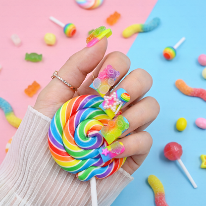 Candy Pop – Neon Rainbow Short Duck Press-Ons with 3D Gummy Bear & Lollipop Charms