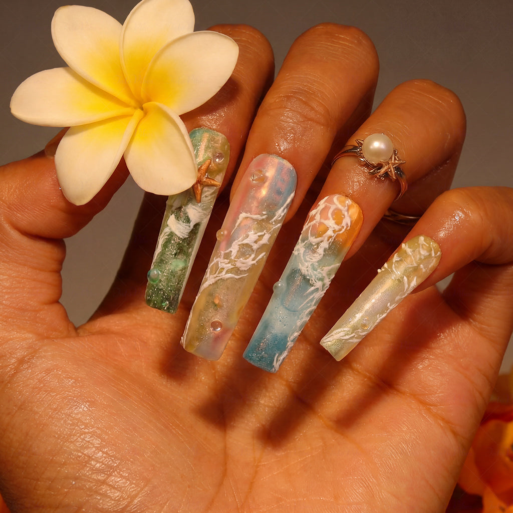 Beach Wave Pastel Rainbow Long Square Water Press-Ons with Hand-Painted Ocean & Starfish Accents