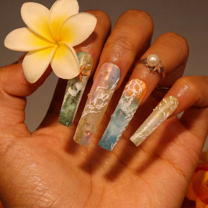 Beach Wave Pastel Rainbow Long Square Water Press-Ons with Hand-Painted Ocean & Starfish Accents