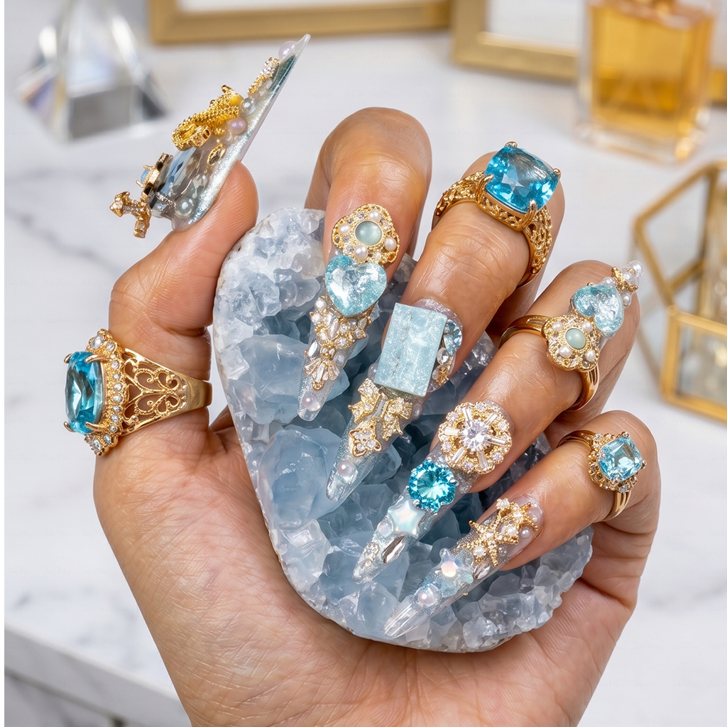 Made-to-Order | Icy Celestial Princess – Iridescent White & Aqua Long Stiletto Press-Ons with Gold Gem Charms