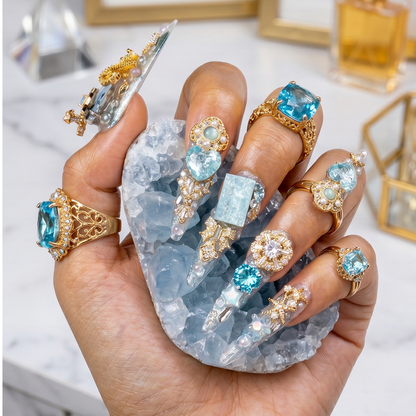 Made-to-Order | Icy Celestial Princess – Iridescent White & Aqua Long Stiletto Press-Ons with Gold Gem Charms