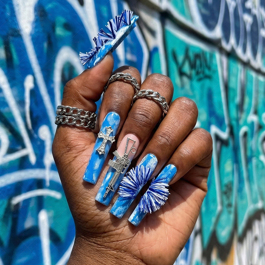 Cyber Denim – Blue Long Square Press-Ons with Cross & Gun Charms