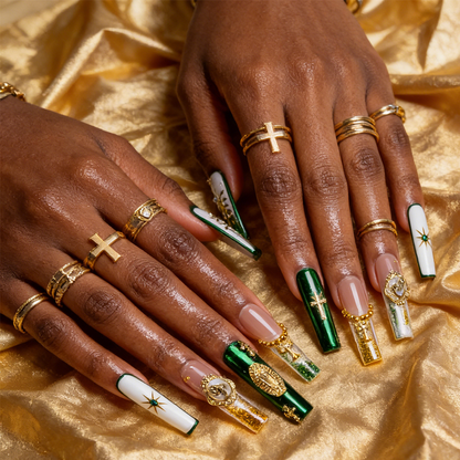 Sacred Green-Emerald & White Long Square Water Press-Ons with Gold Virgin Mary & Cross Charms