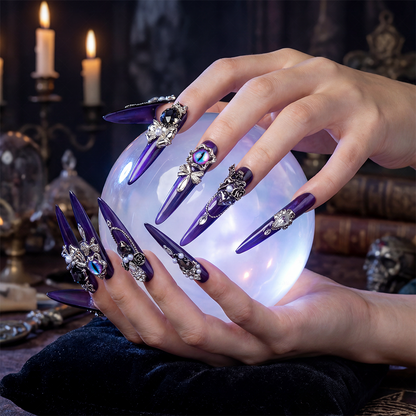 Noir Amethyst – Satin Purple Stiletto Press-Ons with Dark Crystal & Chain Charms