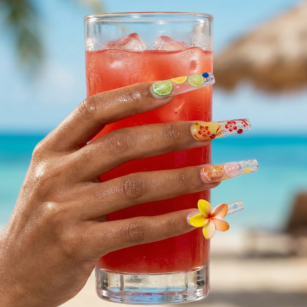 Tropical Fruit-Pastel Multi-Color Long Square Water Press-Ons with Hand-Painted Fruit & 3D Floral Accents