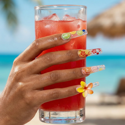 Tropical Fruit-Pastel Multi-Color Long Square Water Press-Ons with Hand-Painted Fruit & 3D Floral Accents