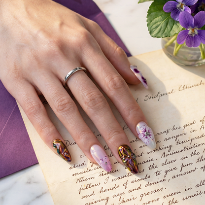 Aurora Flora – Iridescent Purple Medium Almond Press-Ons with 3D Floral & Chameleon Metallic Accents