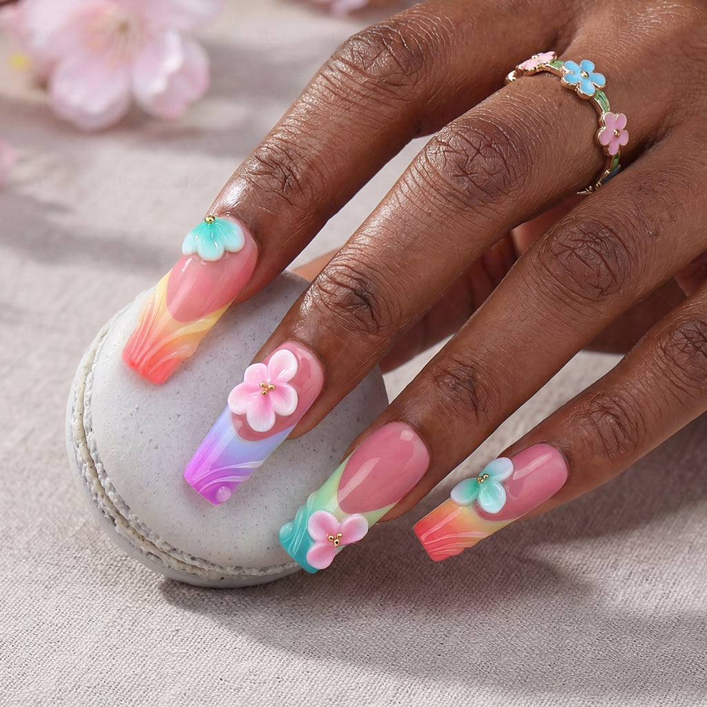 Rainbow Fairy Floral – Nude & Rainbow Medium Square Press-Ons with 3D Flower Charms