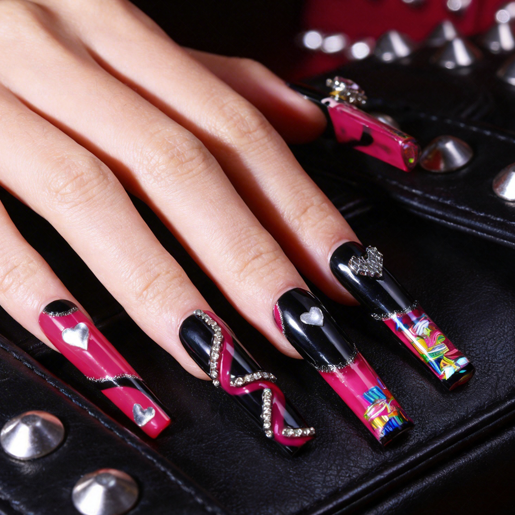 Neon Punk – Long Square Jelly Press-Ons with Heart & Crystal Accents