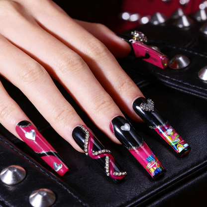 Neon Punk – Long Square Jelly Press-Ons with Heart & Crystal Accents