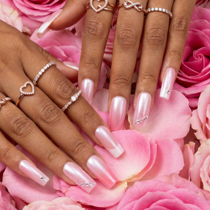 Aurora Blush – Pink & White Medium Square Press-Ons with Crystal Accents