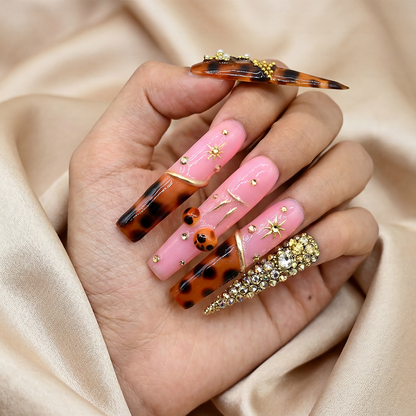 Tortie Cherry – Long Stiletto Press-Ons with Tortoiseshell & Cherry Accents
