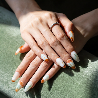 Jade Latte – Mint & Caramel Medium Almond Press-Ons with Marble Swirl & Gold Foil Accents