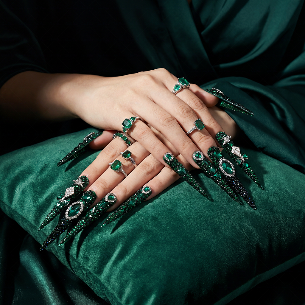 Emerald Bling-Deep Green Extra Long Stiletto Press-Ons with Full Rhinestone Encrusted Design