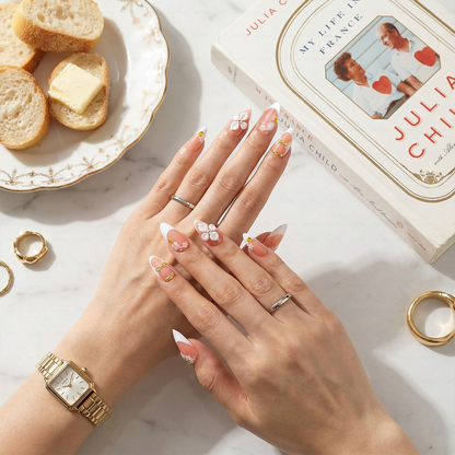 Peach Whisper – Soft Peach Short Almond Press-Ons with 3D Flower, Gold Bow & French Tip Detail