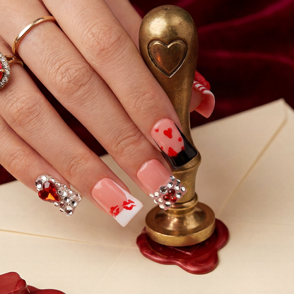 Lipstick Babe-Nude & Red Short Duck Press-Ons with 3D Lip & Heart Gem Accents