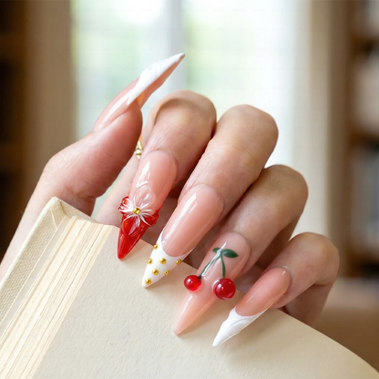 Cherry Bloom – Long Stiletto Press-Ons with Cherry & Floral Accents