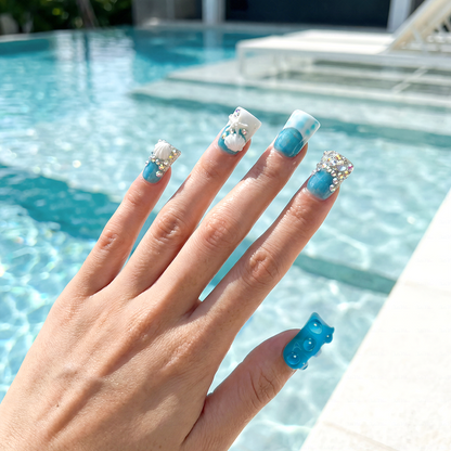 Tide Sparkle – Ocean Blue Short Duck Press-Ons with Starfish & Seashell Charms