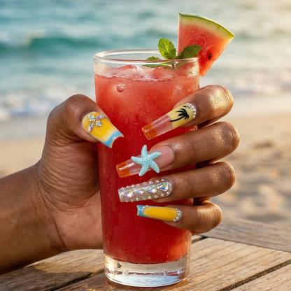 Sunset Beach-Orange & Yellow Long Square Water Press-Ons with 3D Starfish & Palm Tree Accents
