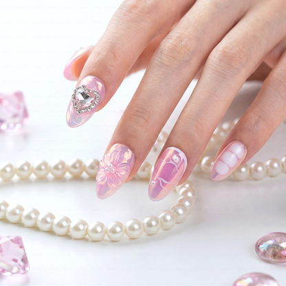 Aurora Bloom – Iridescent Pink Short Almond Press-Ons with 3D Floral & Heart Rhinestone Charms