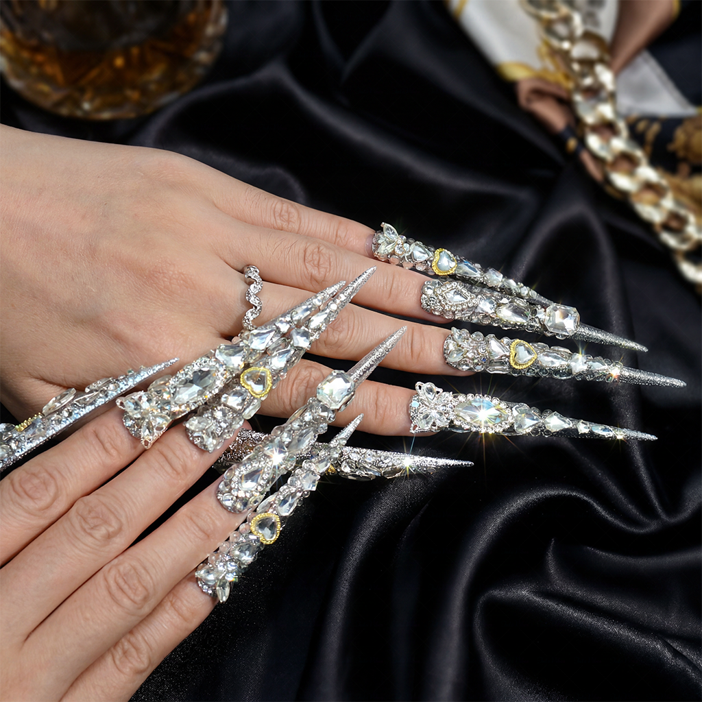 Diamond Spike – Silver Glitter Stiletto Press-Ons with Full Rhinestone Coverage